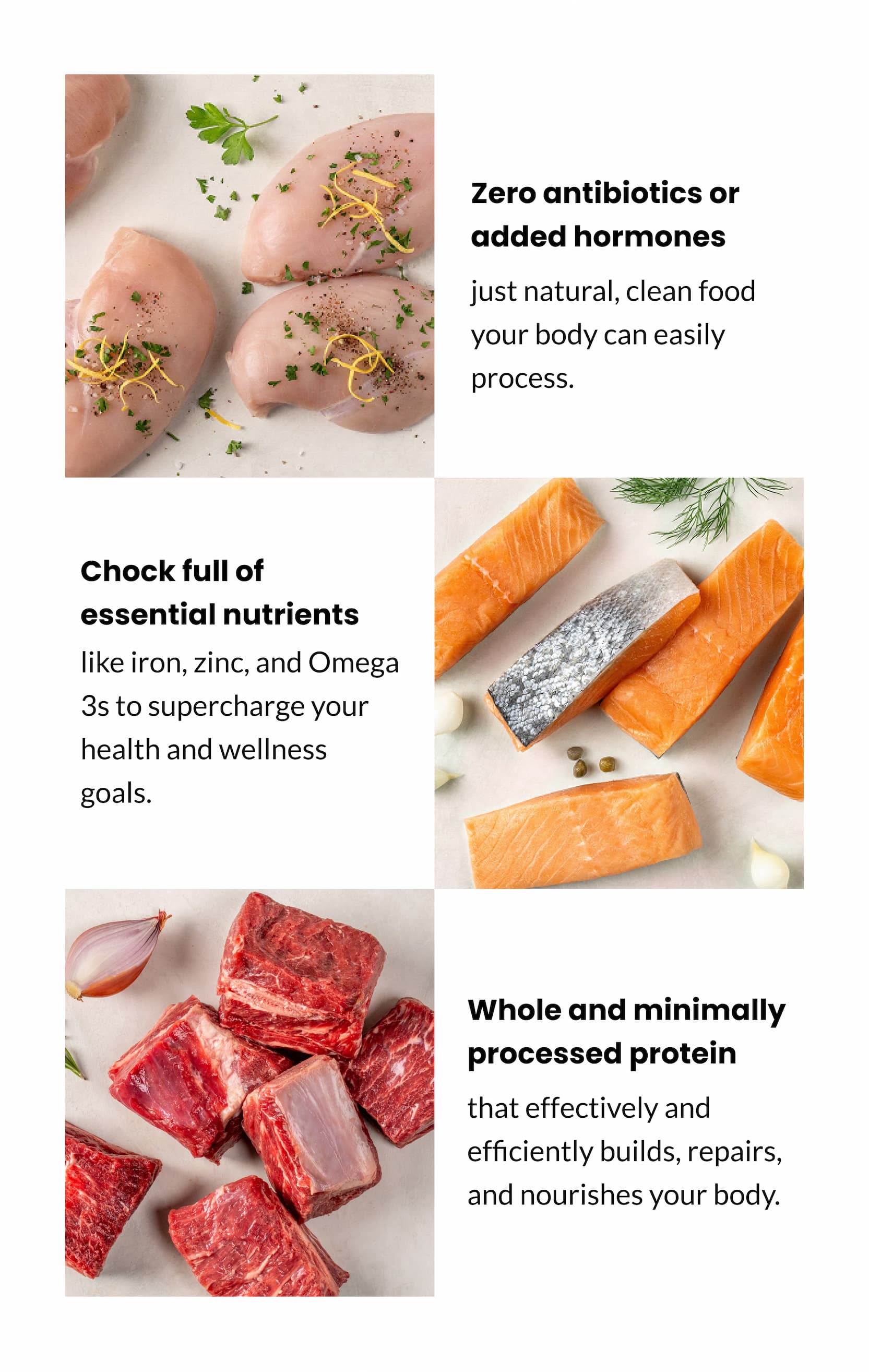 Zero antibiotics or added hormones | Chock full of essential nutrients | Whole protein