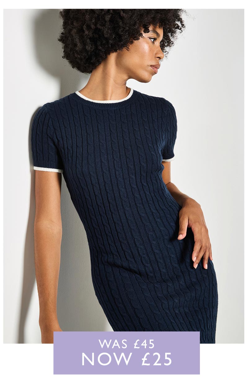 Cable Knit Contrast Trim Midi Dress