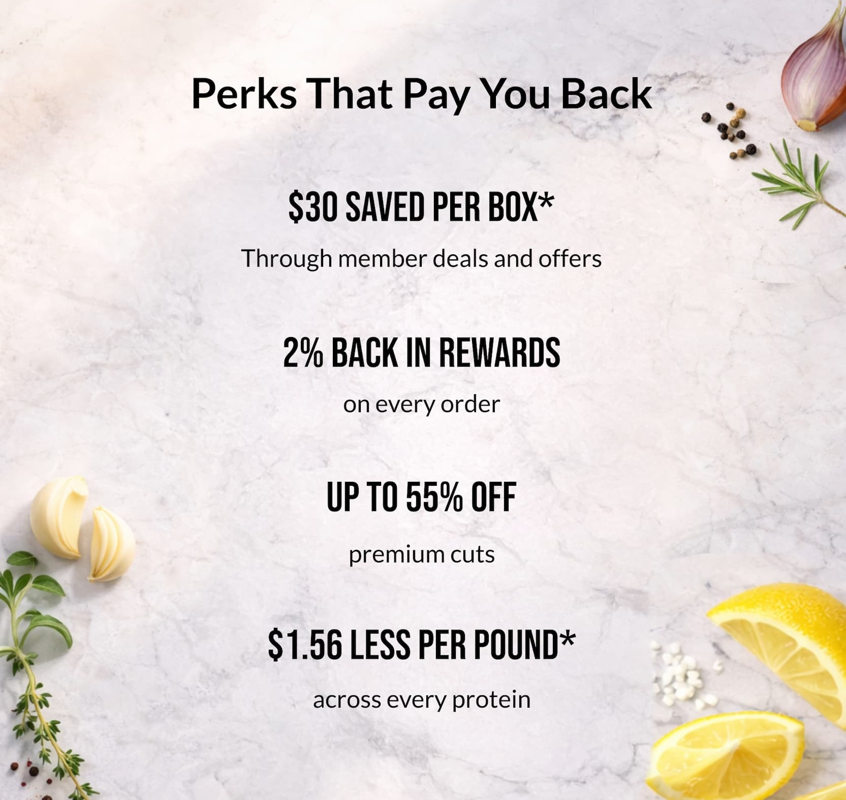 Perks That Pay You Back | $30 Saved Per Box, 2% Back in Rewards, Up to 55% Off Premium Cuts