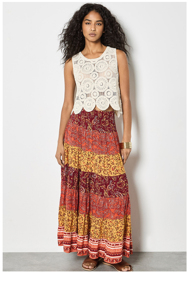 Patchwork Print Tiered Maxi Skirt