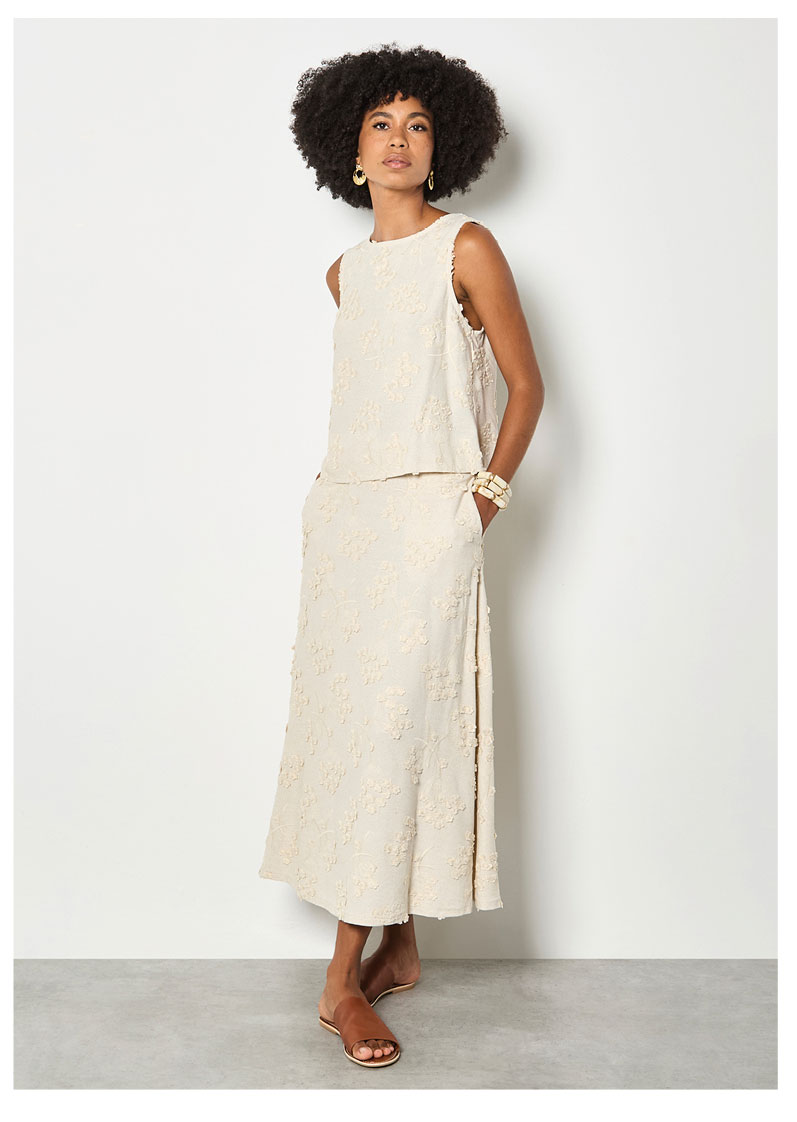 Embroidered Floral Linen Blend Midaxi Skirt