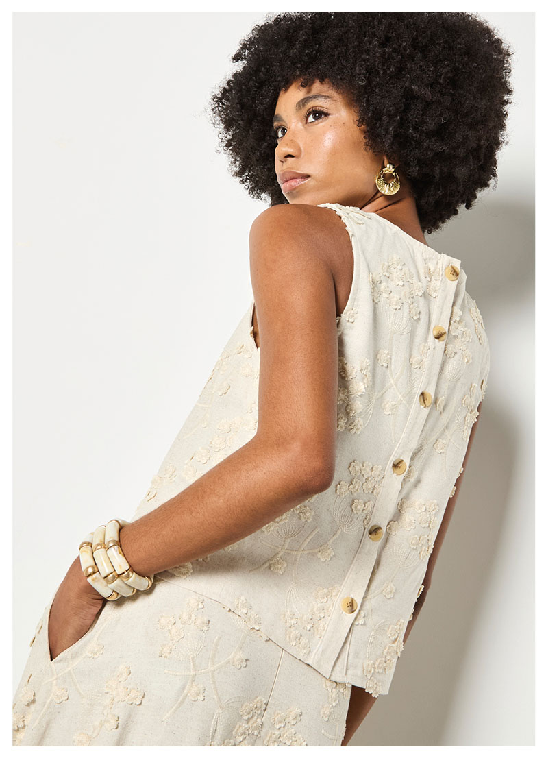 Embroidered Floral Linen Blend Shell Top