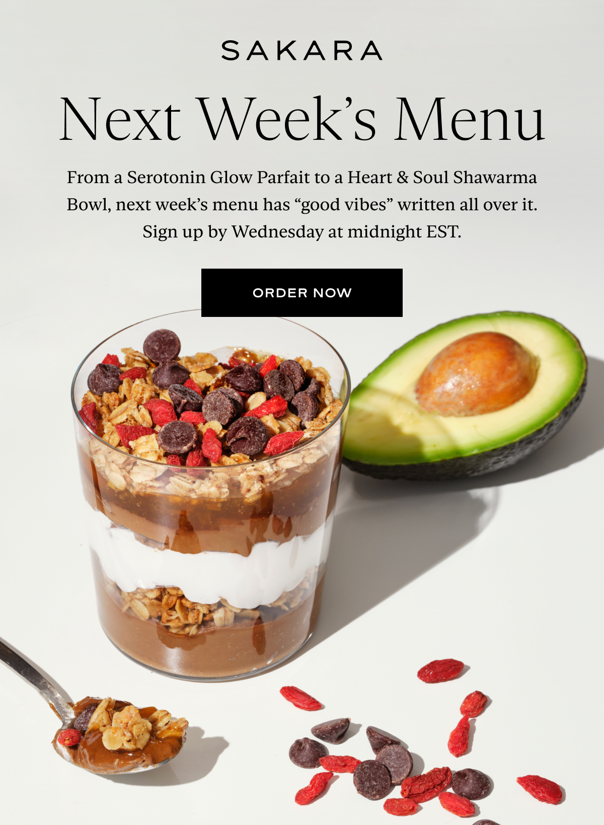 Next Week's Menu: From a Serotonin Glow Parfait to a Heart & Soul Shawarma Bowl, next week’s menu has “good vibes” written all over it. Join us by Wednesday at midnight EST.