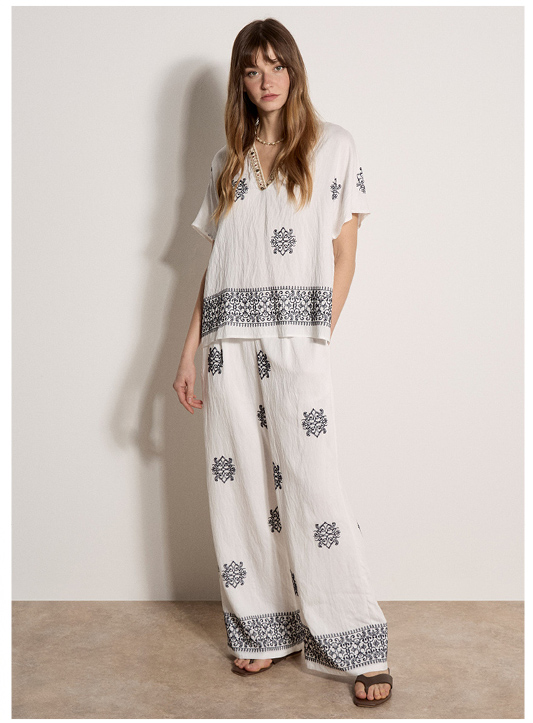 Paisley Embroidered Wide-Leg Trousers