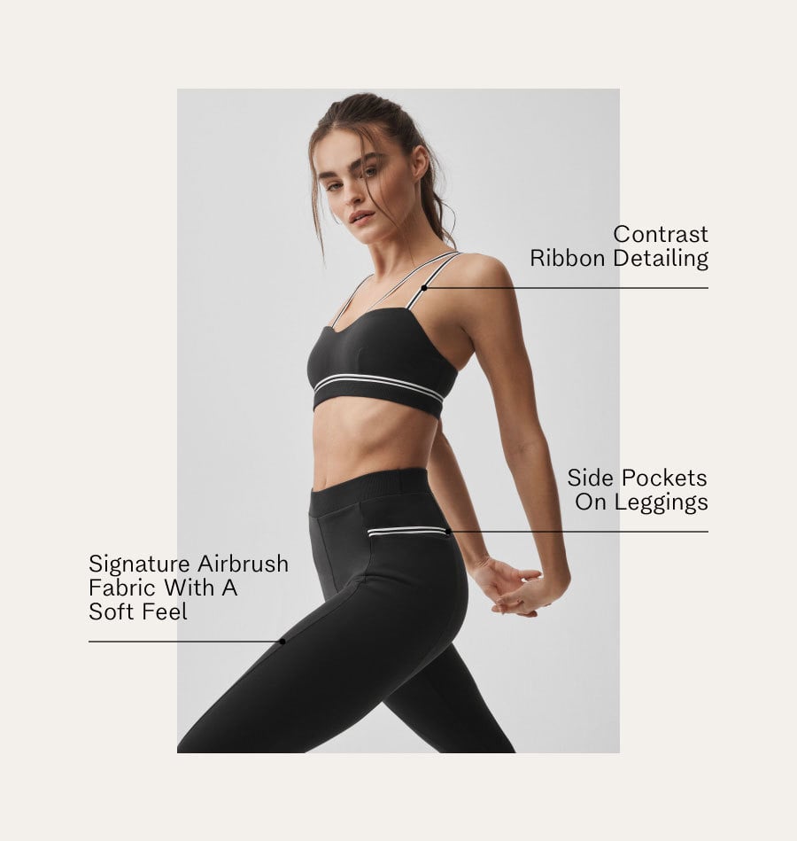 Contrast Ribbon Detailing. Side Pockets On Leggings. Signature Airbrush Fabric With A Soft Feel