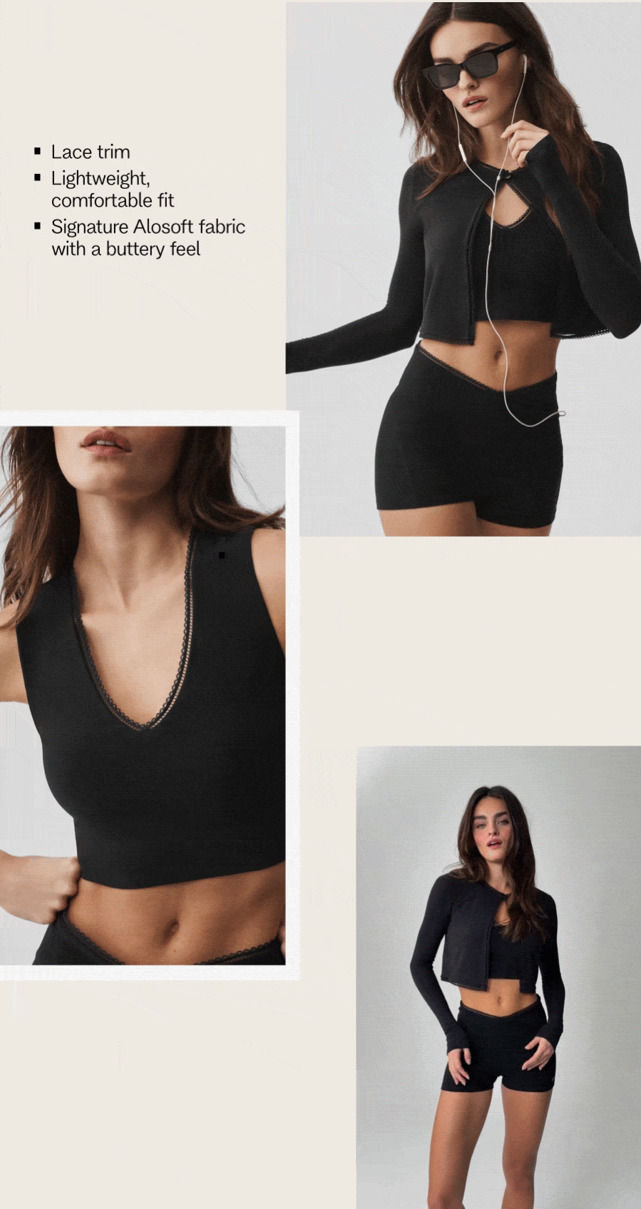 Lace trim. Lightweight, comfortable fit. Signature Alosoft fabric with a buttery feel