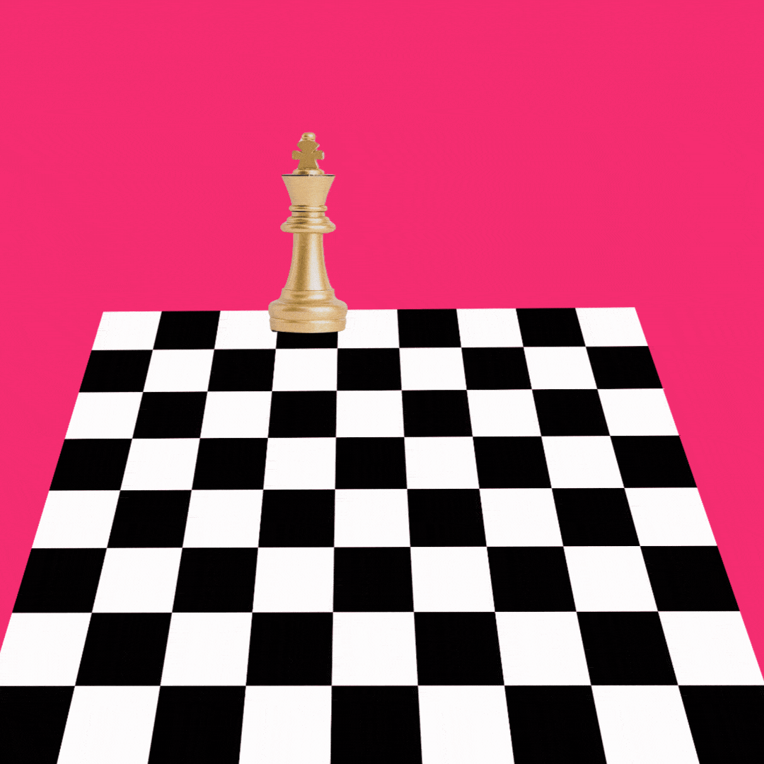 A white king chess piece moves across a board.