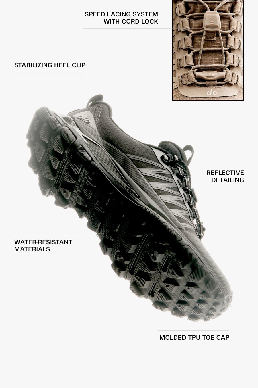 SPEED LACING SYSTEM WITH CORD LOCK. STABILIZING HEEL CLIP. REFLECTIVE DETAILING. WATER-RESISTANT MATERIALS. MOLDED TPU TOE CAP