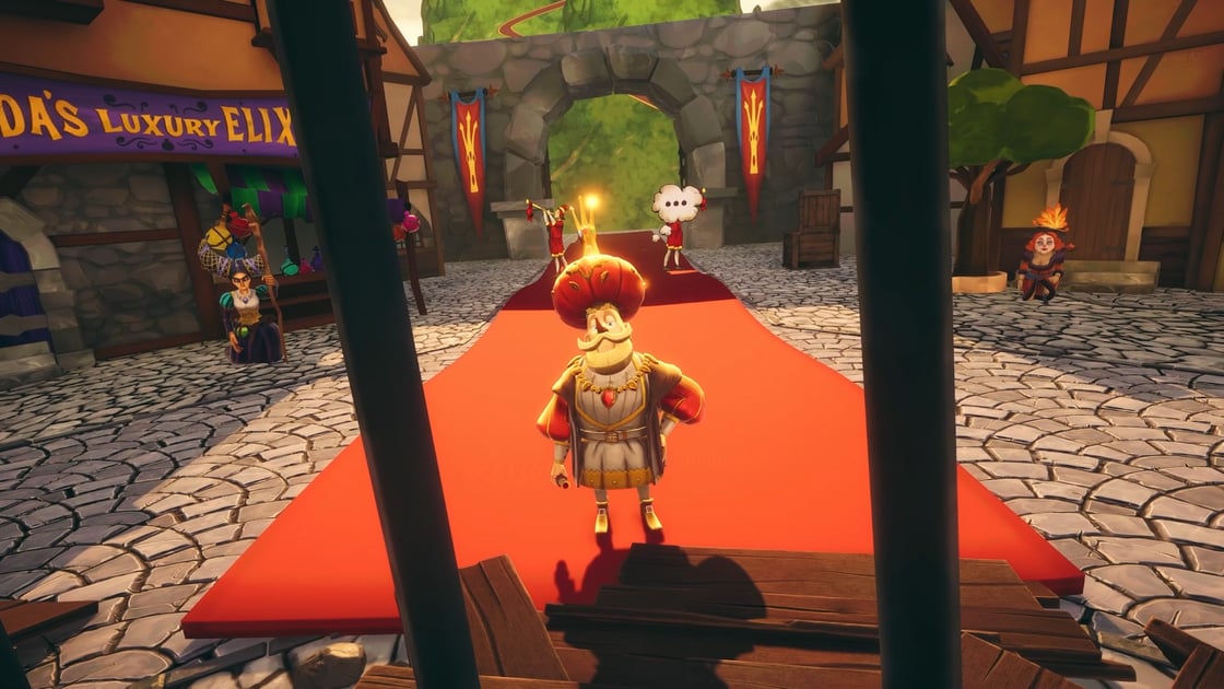 A screenshot from the VR game "Fabula Rasa: Dead Man Talking" in which the player looks at an illustration king standing in a fantasy kingdom.