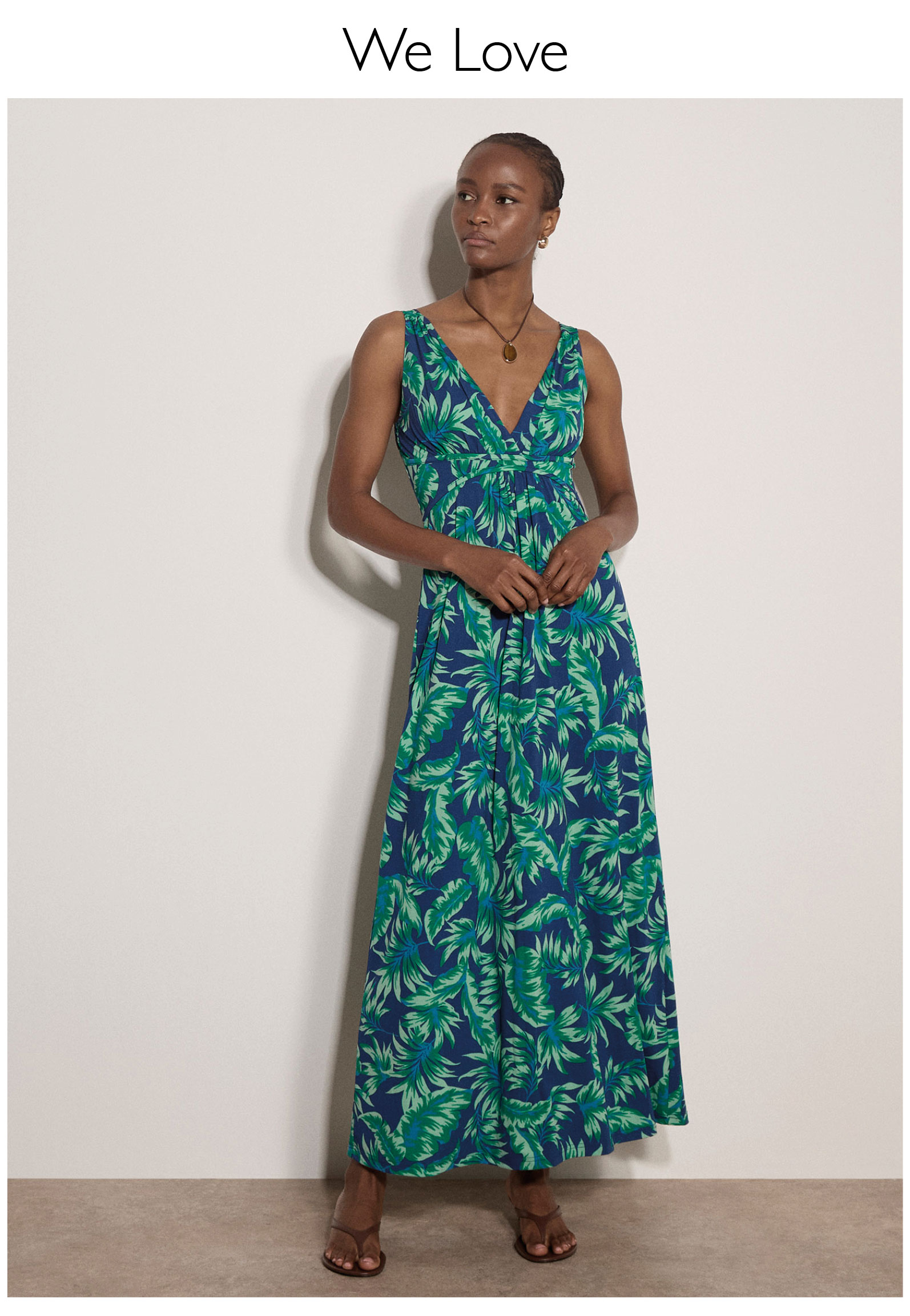 Tropical Leaf Jersey Maxi Dress