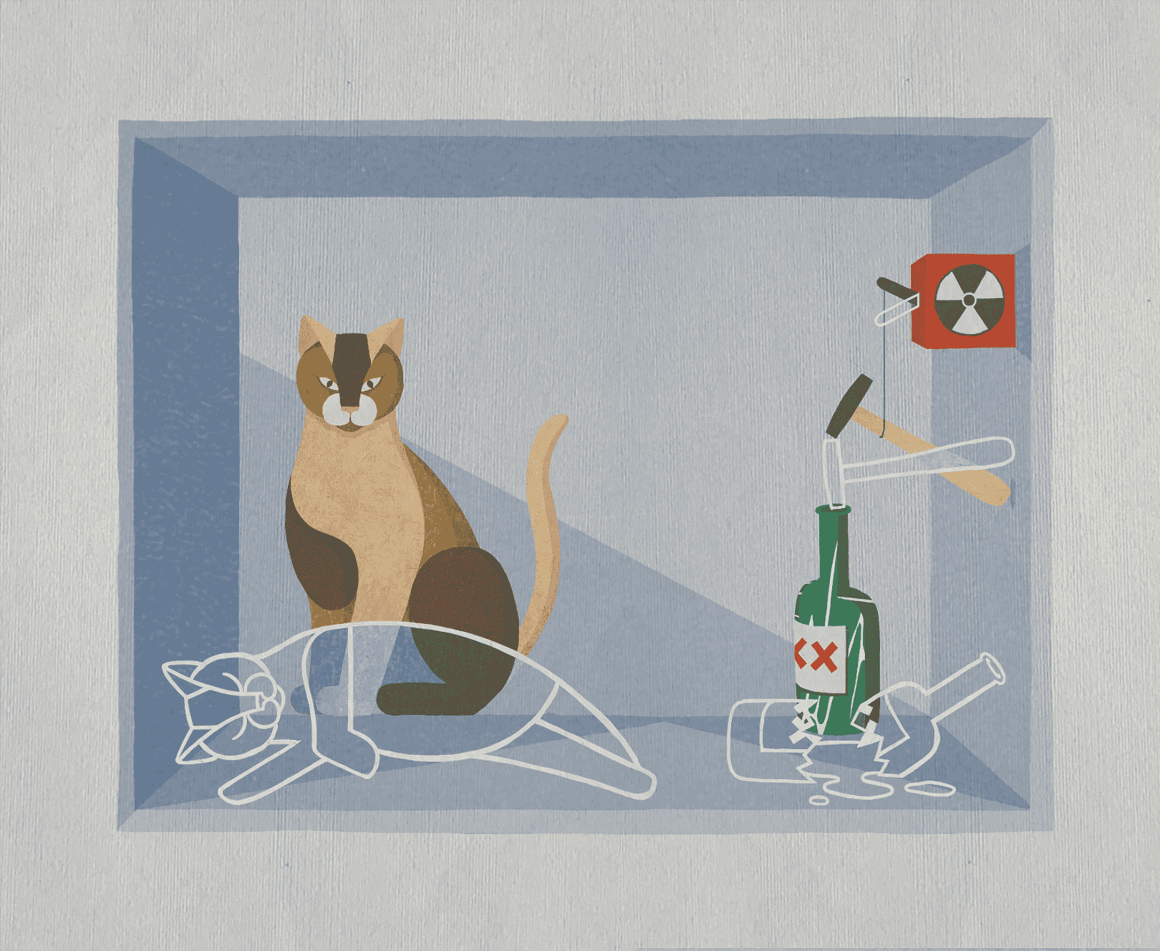 Illustration of Schrödinger's thought experiment showing a cat inside a box alongside a poison bottle and radioactive trigger device.