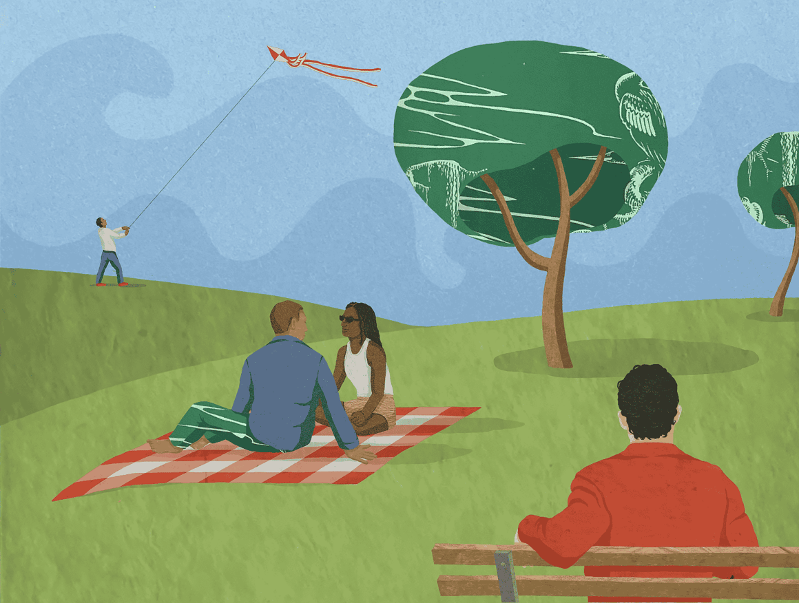 Illustration of people relaxing outdoors on a picnic blanket while someone flies a kite in the background.
