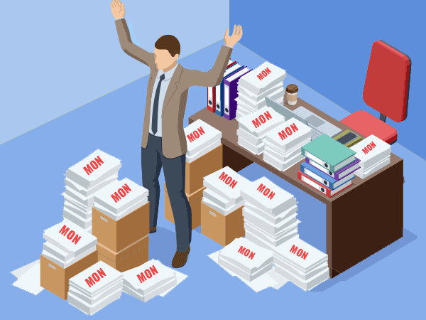 Illustration of a businessman surrounded by towering stacks of papers labeled "MON" next to an overflowing desk.