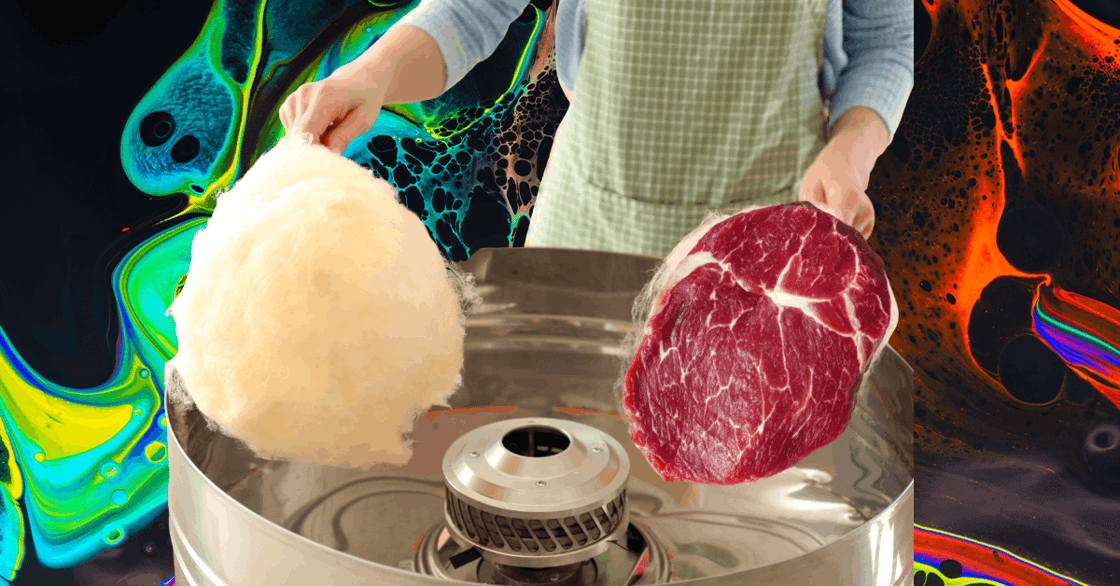 A person in a green apron spins cotton candy out of meat.