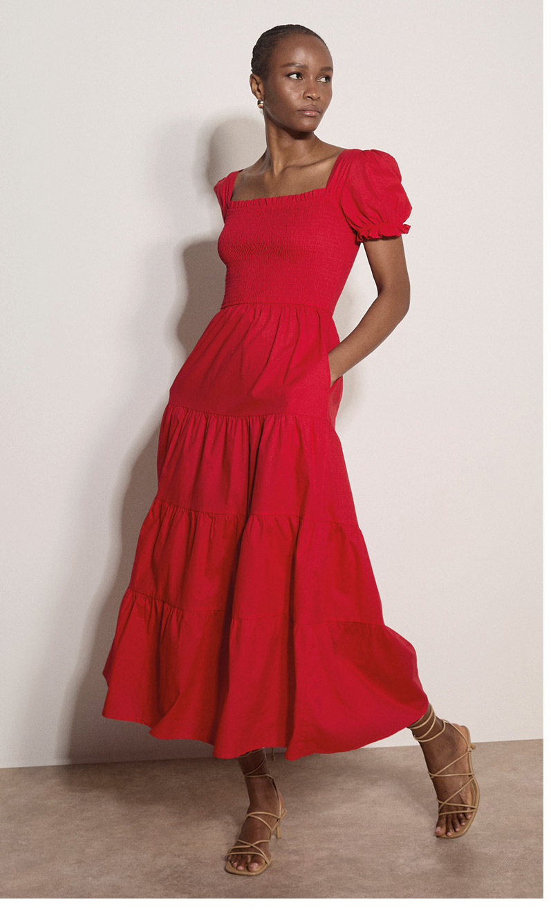 Cotton Tiered Milkmaid Midi Dress