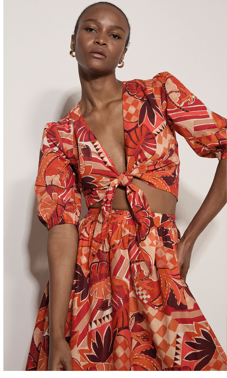 Tropical Leaf Patchwork Tie Front Top