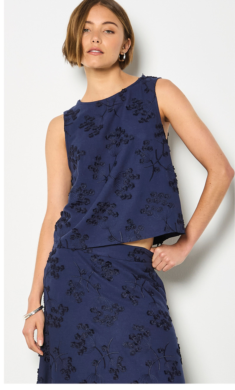 Embroidered Floral Linen Blend Shell Top