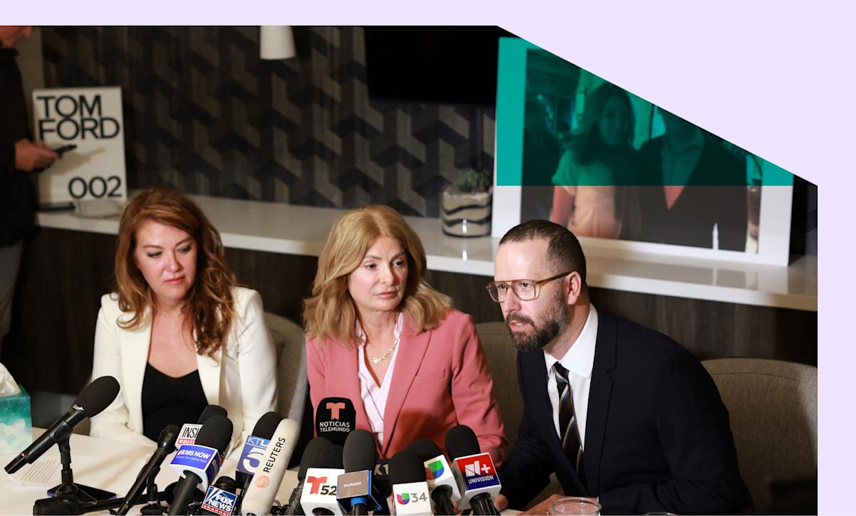 Lonna Drewes (L), listens to her lawyers Arick Fudali (R) and Lisa Bloom, during a press conference where she described her claims about sexual misconduct by former US Representative Eric Swalwell, Democrat of California, in Beverly Hills, California