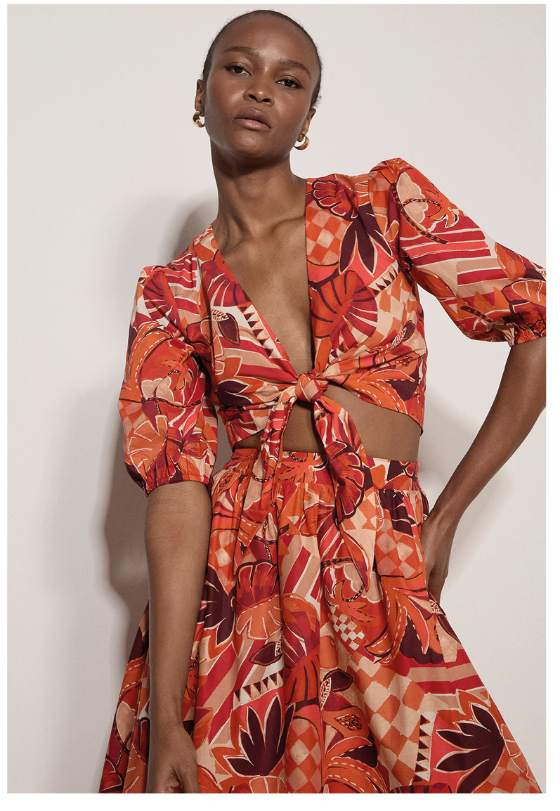 Tropical Leaf Patchwork Tie Front Top