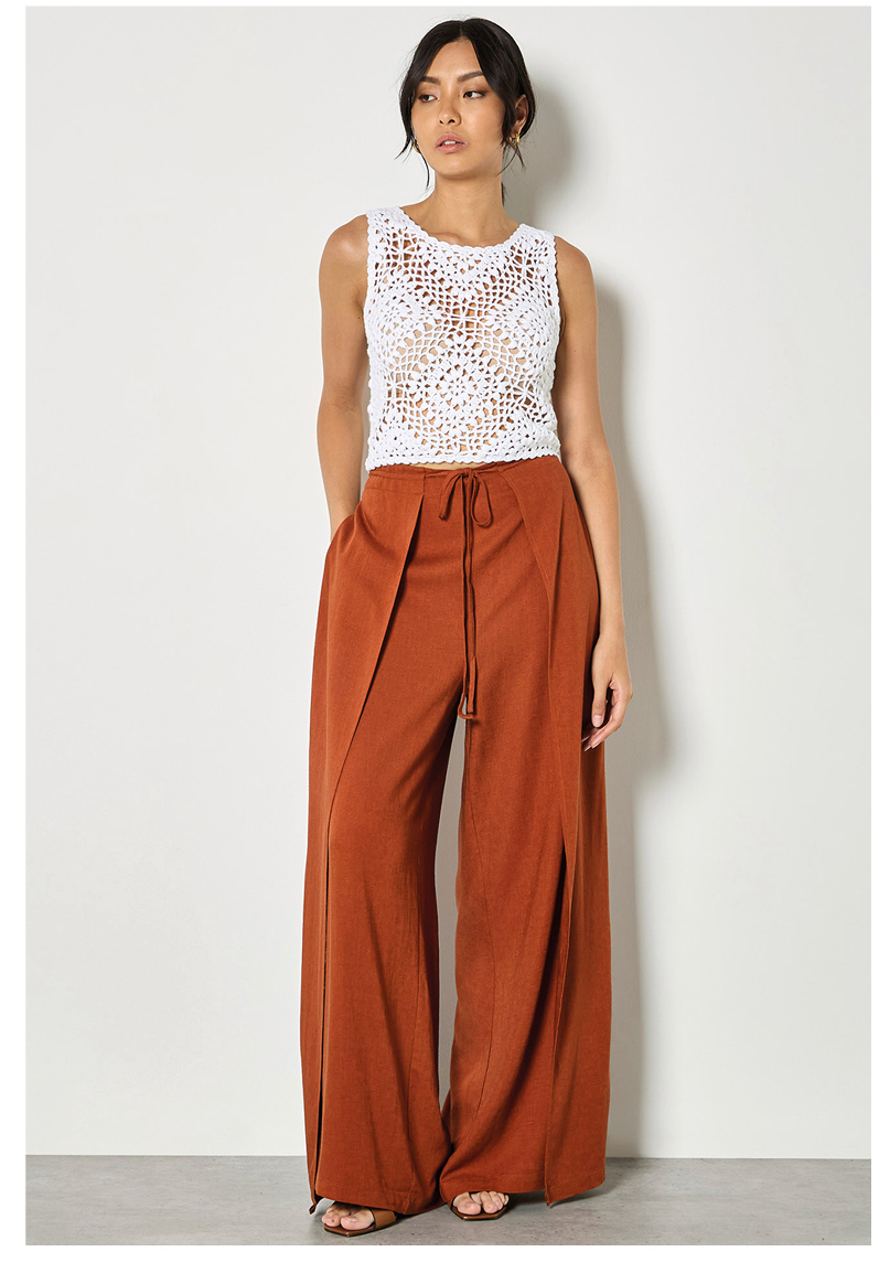  Linen Blend Wrap Wide-Leg Trousers