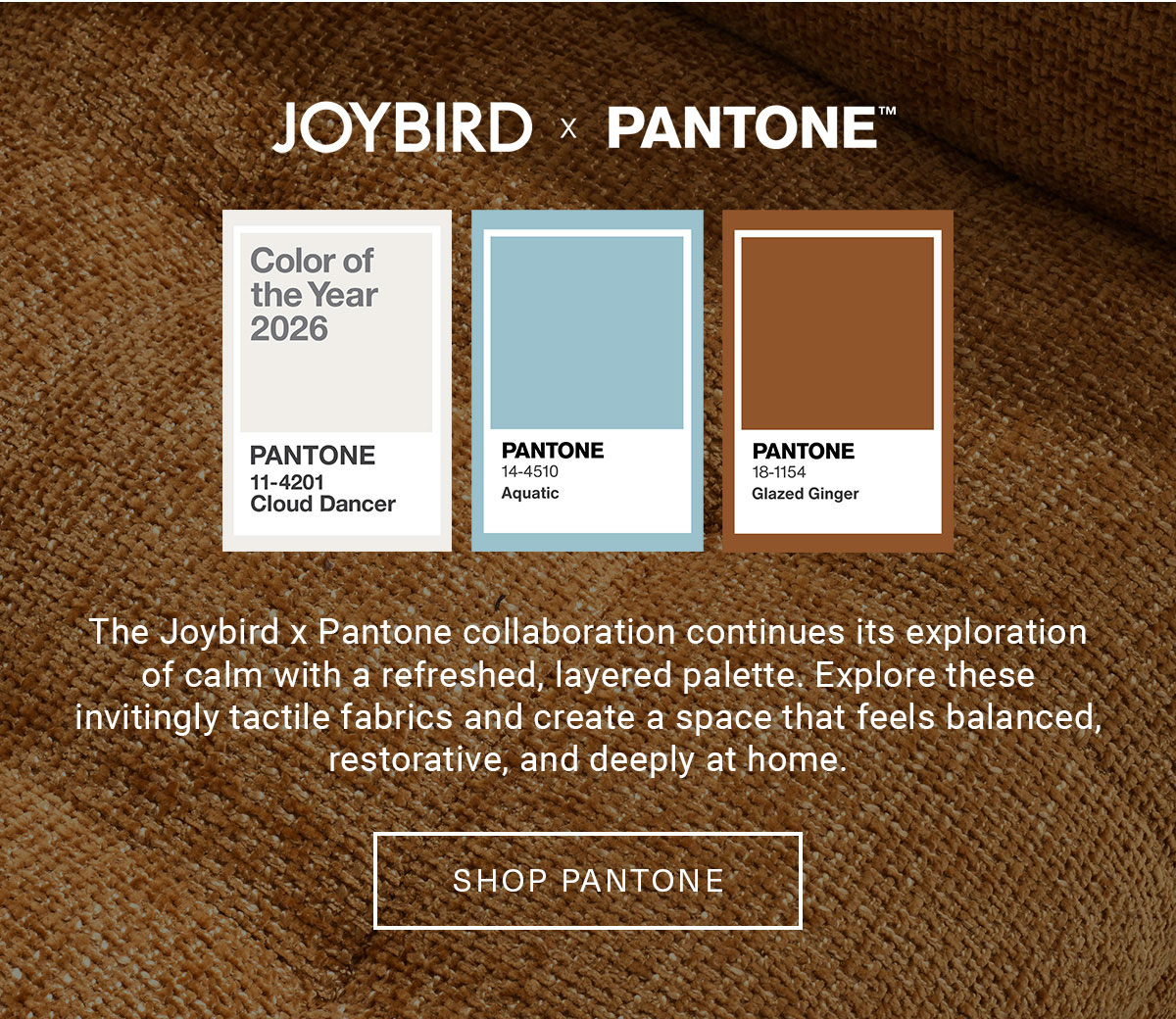 JOYBIRD × PANTONE™ | Color of the Year 2026 | PANTONE 11-4201 Cloud Dancer | PANTONE 14-4510 Aquatic | PANTONE 18-1154 Glazed Ginger | The Joybird x Pantone collaboration continues its exploration of calm with a refreshed, layered palette. Explore these invitingly tactile fabrics and create a space that feels balanced, restorative, and deeply at home. | SHOP PANTONE