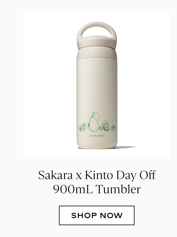 Cream-colored Sakara x Kinto Day Off tumbler with green fruit illustrations and loop handle