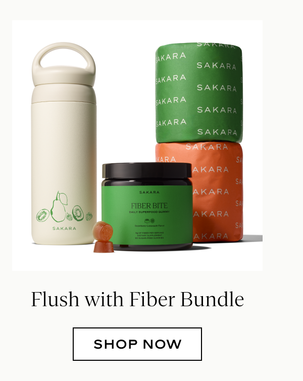Sakara Flush with Fiber Bundle featuring the Kinto tumbler, Fiber Bite gummies, and two rolls of Sakara toilet paper