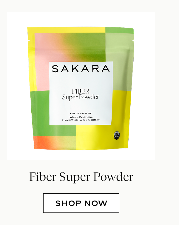 Sakara Fiber Super Powder pouch in colorful packaging, hint of pineapple flavor with prebiotic plant fibers from 10 whole fruits and vegetables