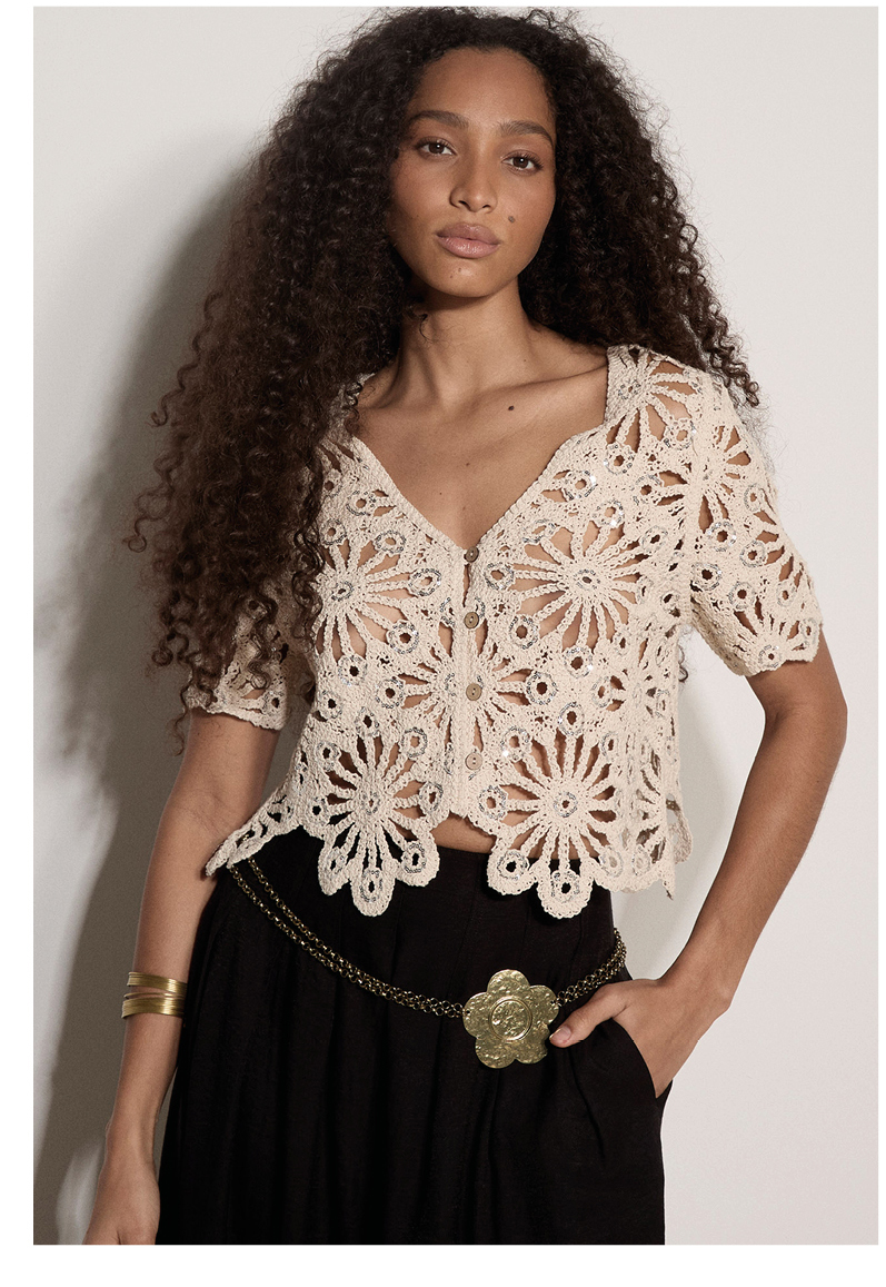 Floral Sequin Cotton Crochet Cardigan