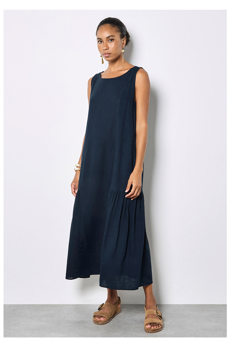 Pleat Detail Trapeze Linen Blend Midi Dress