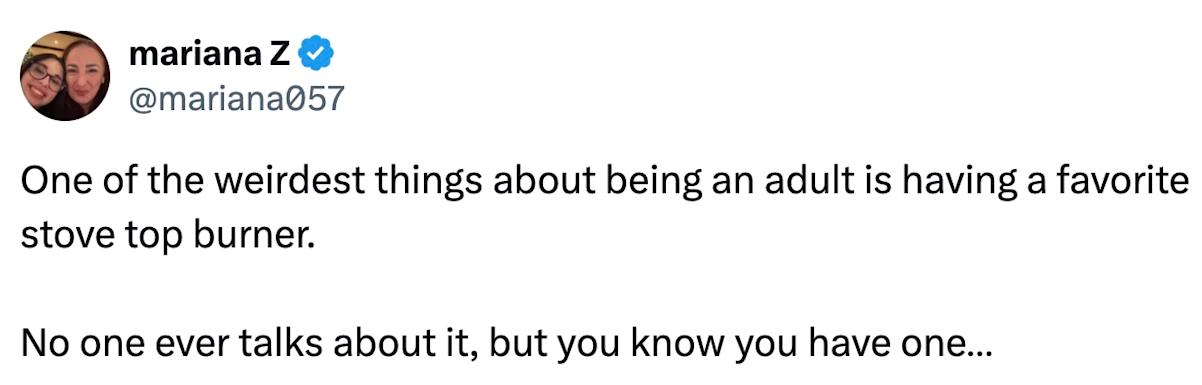 Meme that says: One of the weirdest things about being an adult is having a favorite stove top burner. No one ever talks about it, but you know you have one…