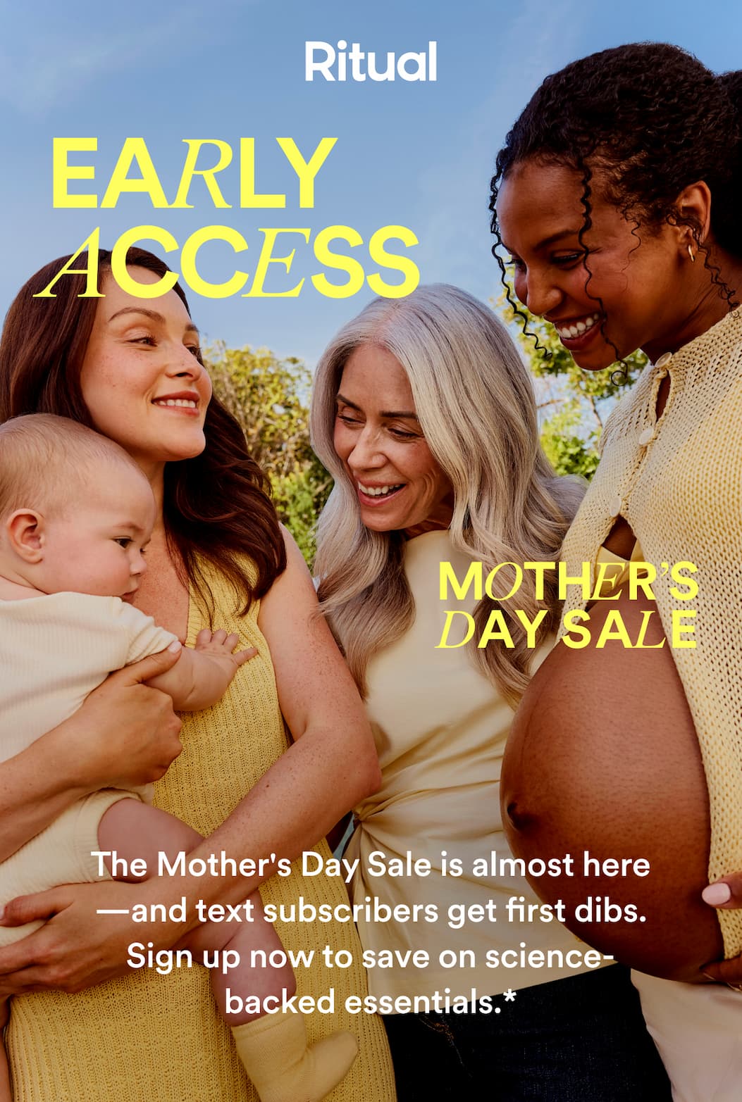 Close-up of three clear Ritual capsules containing golden oil and white beadlets against a bright yellow background. Text reads 