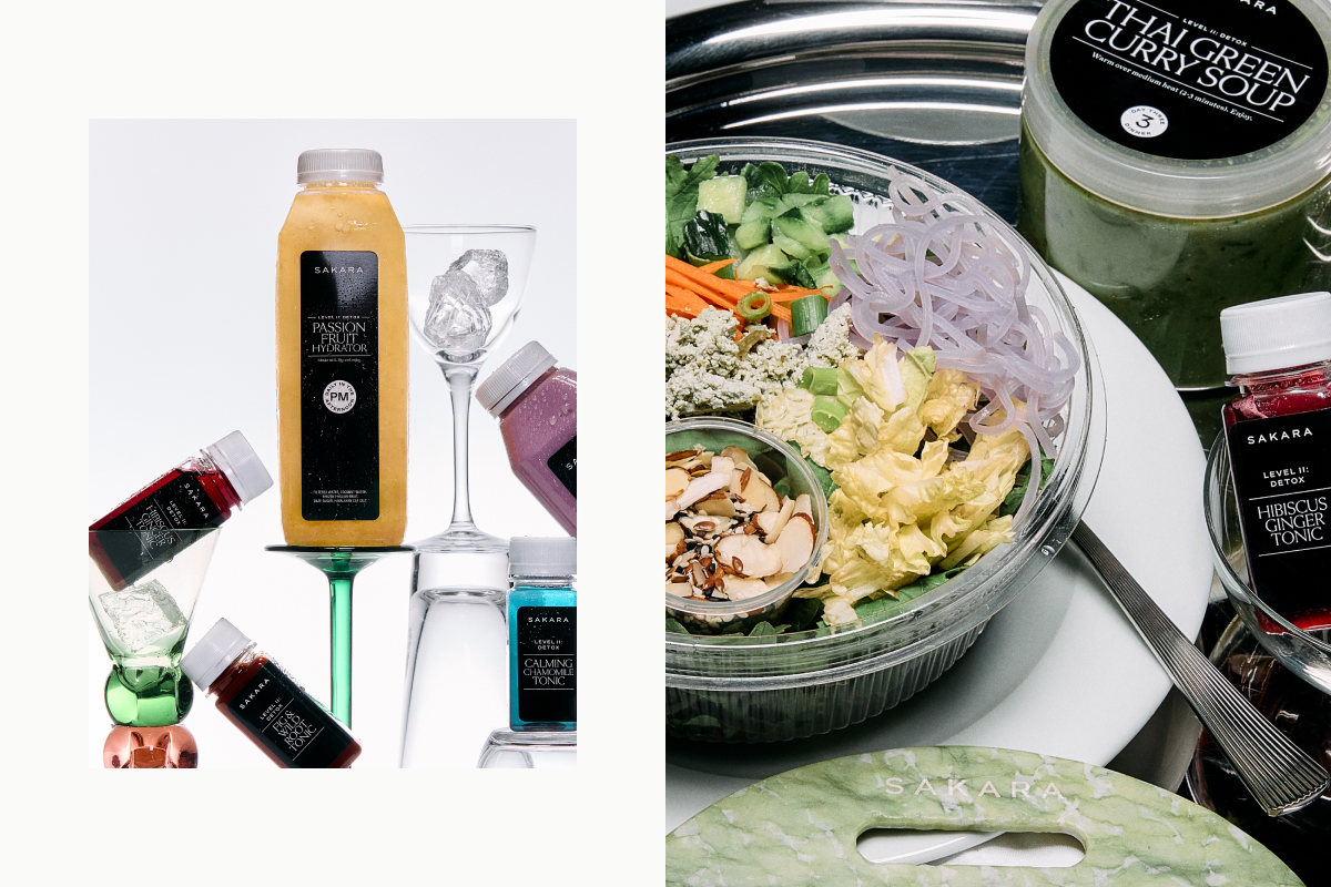 Sakara Level II: Detox tonics including Passion Fruit Hydrator, Hibiscus Ginger, and Calming Chamomile, alongside a glass noodle salad bowl and Thai Green Curry Soup