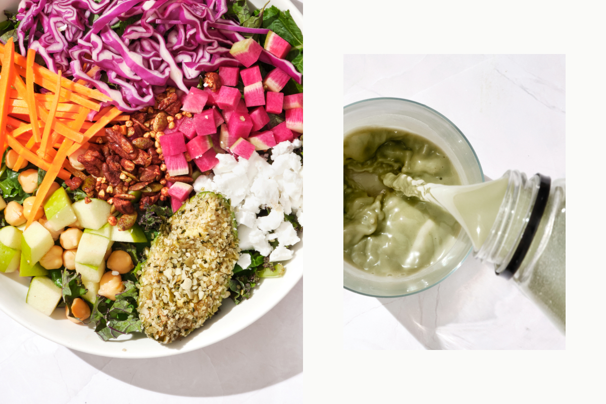 Overhead view of a colorful Sakara salad alongside a green juice being poured