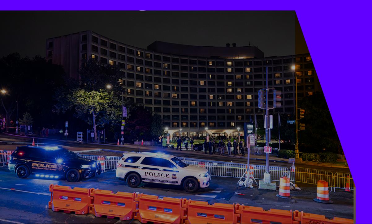 Law enforcement outside the Washington Hilton after Saturday's attempted assassination of President Trump.