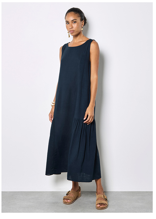 Pleat Detail Trapeze Linen Blend Midi Dress